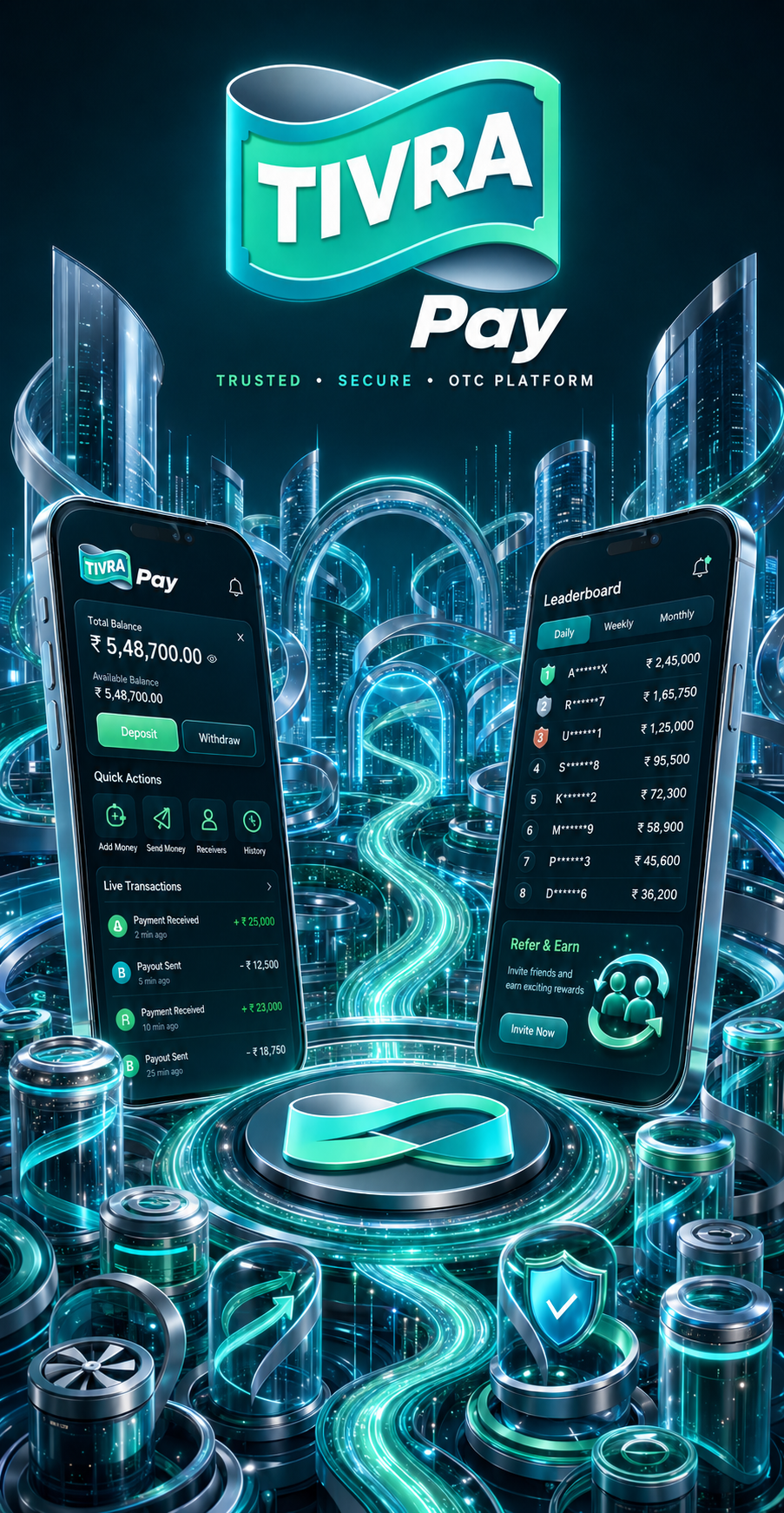 TivraPay promotional illustration with phones and flowing teal architecture